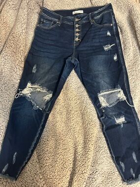Maurice’s KanCan Dark Blue Distressed Boyfriend Jeans with Button Fly